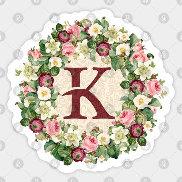 Monogram Initial Letter K Rose Floral Wreath Sticker by MintaApparel